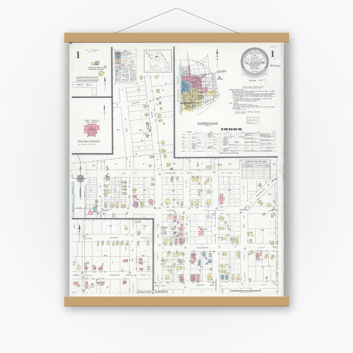 Old map wall art mockup — magnetic wood frame on white wall — Sanborn Fire Insurance Map from Glasgow, Howard County, Missouri (1935), Sheet #0001