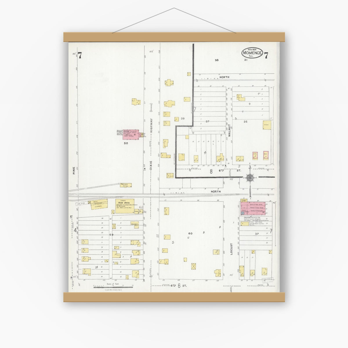 Old map wall art mockup — magnetic wood frame on white wall — Sanborn Fire Insurance Map from Momence, Kankakee County, Illinois (1924), Sheet #0007
