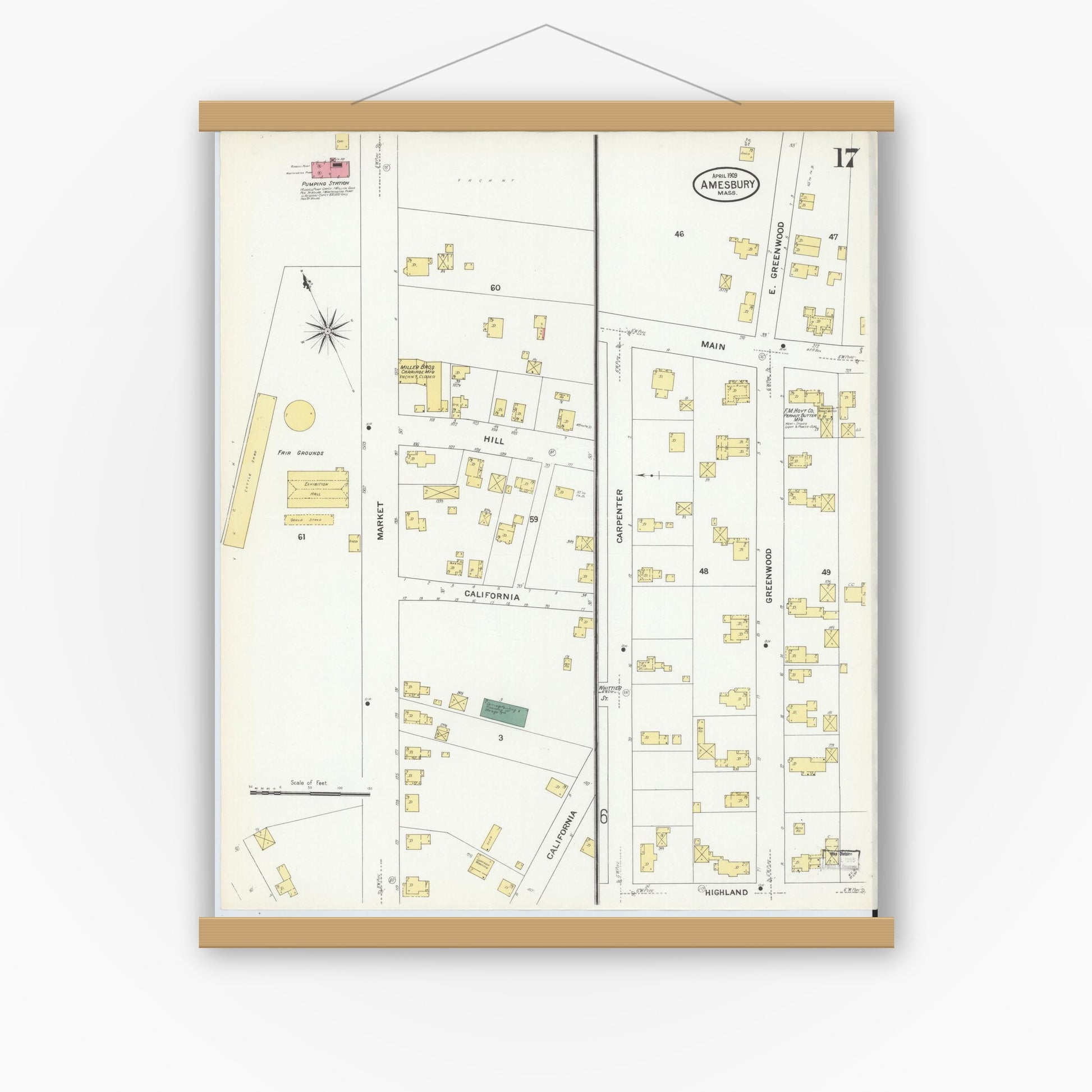 Old map wall art mockup — magnetic wood frame on white wall — Sanborn Fire Insurance Map from Amesbury, Essex County, Massachusetts (1909), Sheet #0017