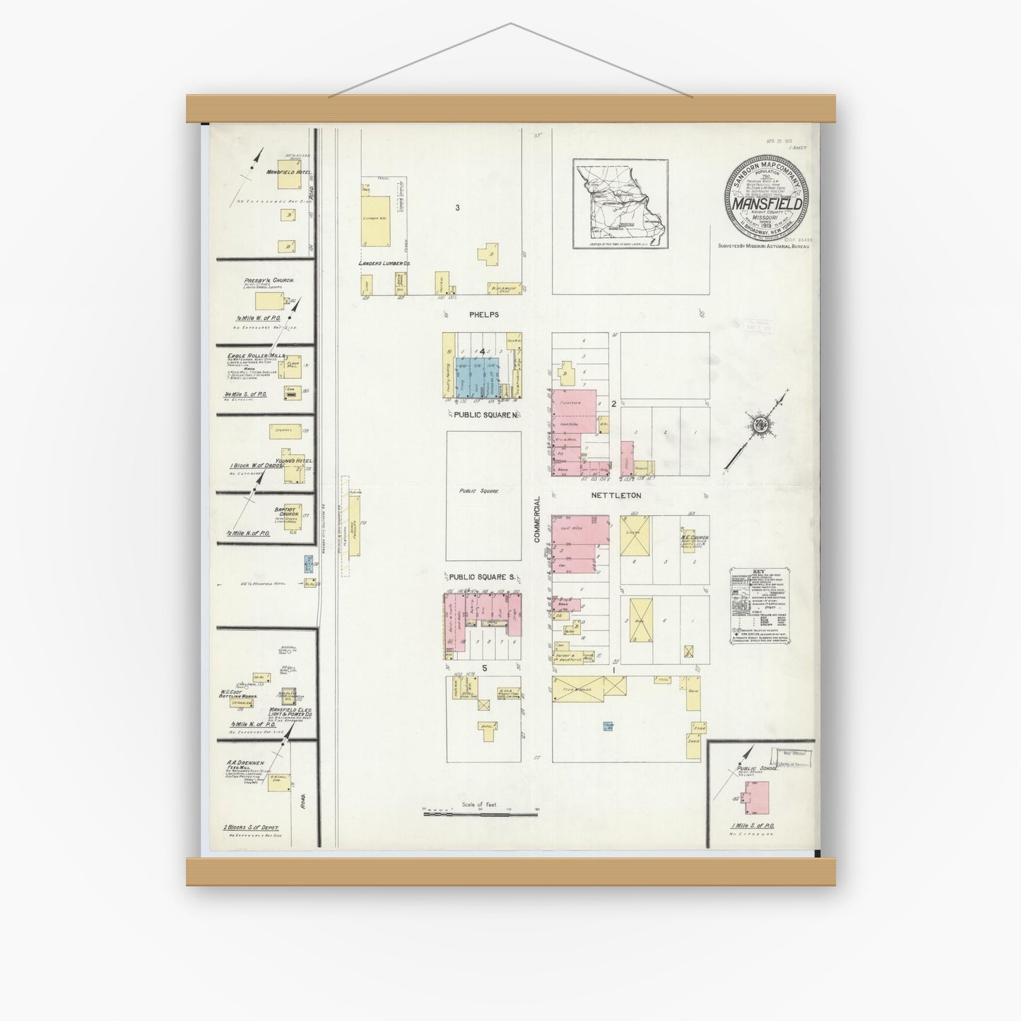 Old map wall art mockup — magnetic wood frame on white wall — Sanborn Fire Insurance Map from Mansfield, Wright County, Missouri (1913), Sheet #0001