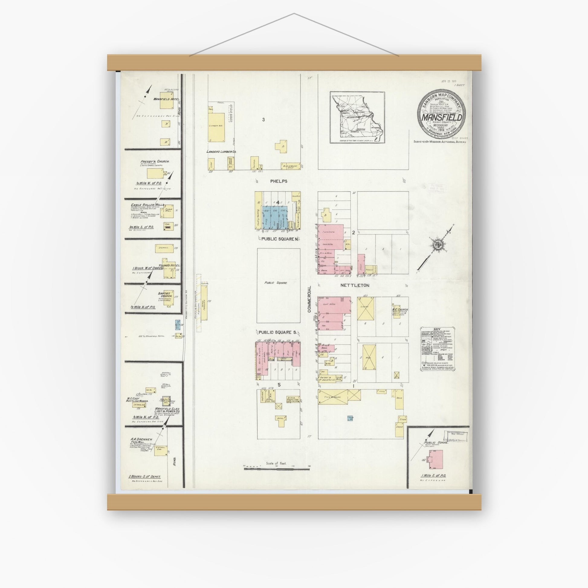Old map wall art mockup — magnetic wood frame on white wall — Sanborn Fire Insurance Map from Mansfield, Wright County, Missouri (1913), Sheet #0001