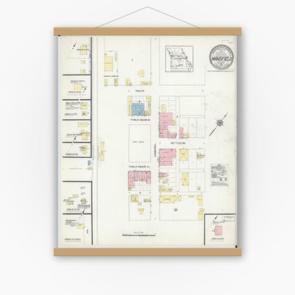 Old map wall art mockup — magnetic wood frame on white wall — Sanborn Fire Insurance Map from Mansfield, Wright County, Missouri (1913), Sheet #0001