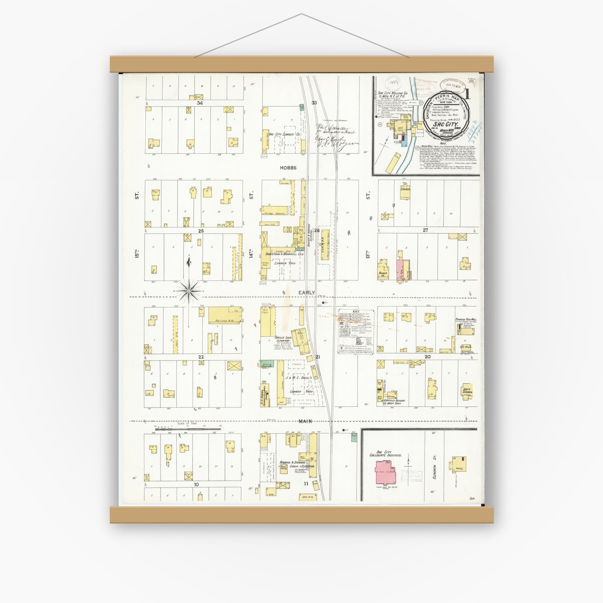 Old map wall art mockup — magnetic wood frame on white wall — Sanborn Fire Insurance Map from Sac City, Sac County, Iowa (1899), Sheet #0001