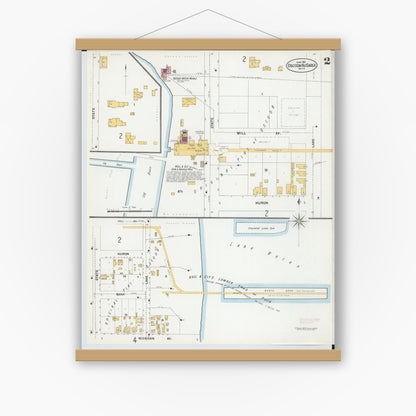 Old map wall art mockup — magnetic wood frame on white wall — Sanborn Fire Insurance Map from Oscoda, Iosco County, Michigan (1901), Sheet #0002