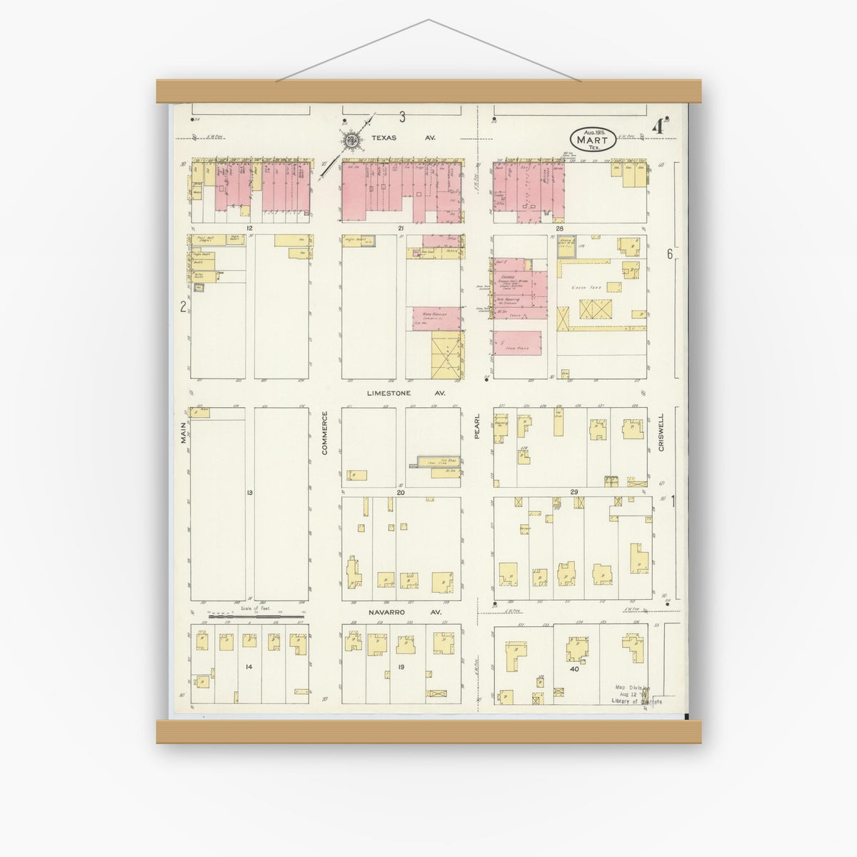 Old map wall art mockup — magnetic wood frame on white wall — Sanborn Fire Insurance Map from Mart, McLennan County, Texas (1915), Sheet #0004