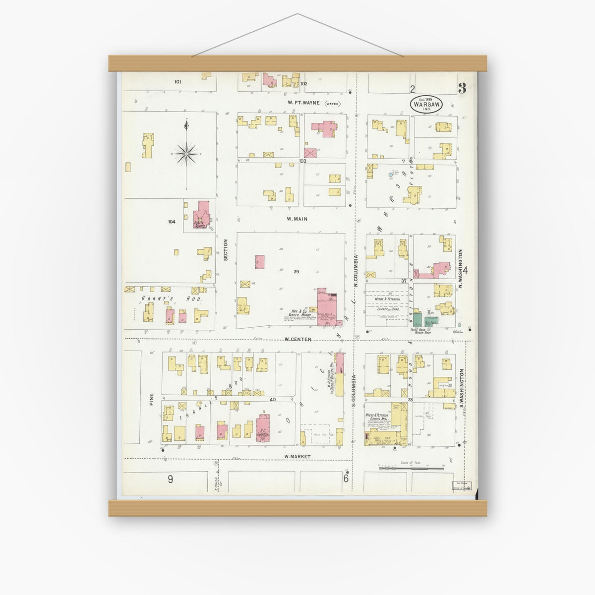 Old map wall art mockup — magnetic wood frame on white wall — Sanborn Fire Insurance Map from Warsaw, Kosciusko County, Indiana (1899), Sheet #0003