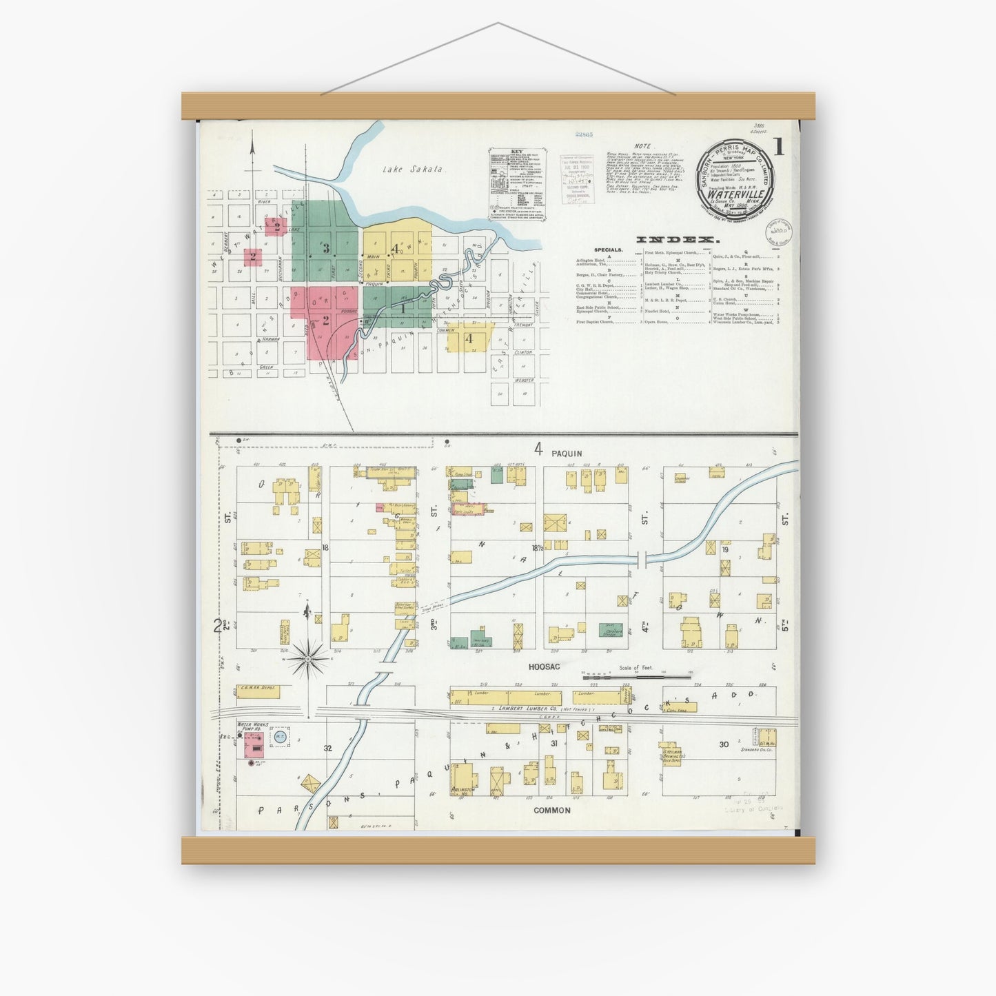 Old map wall art mockup — magnetic wood frame on white wall — Sanborn Fire Insurance Map from Waterville, Le Sueur County, Minnesota (1900) - Complete Map Set