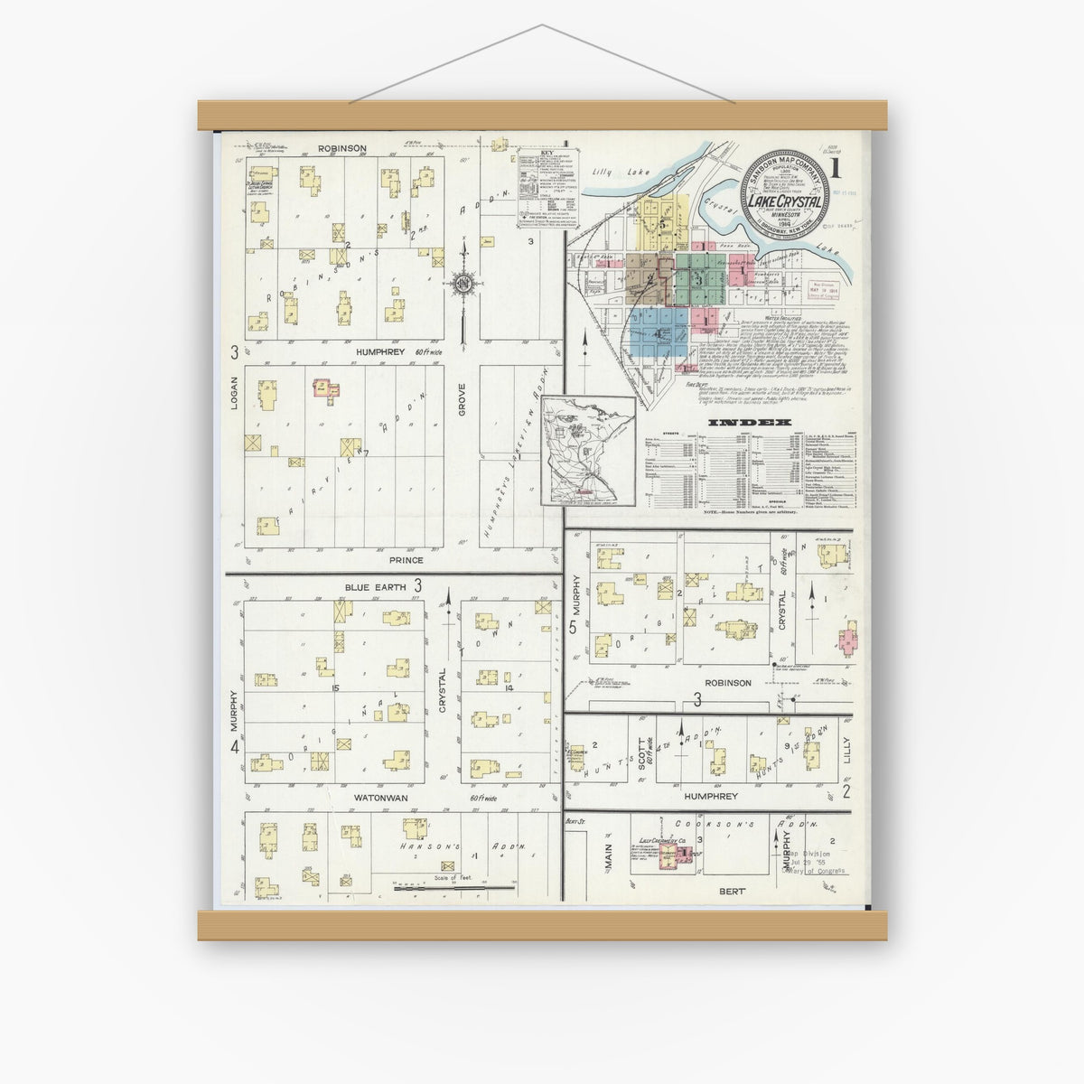Old map wall art mockup — magnetic wood frame on white wall — Sanborn Fire Insurance Map from Lake Crystal, Blue Earth County, Minnesota (1914) - Complete Map Set