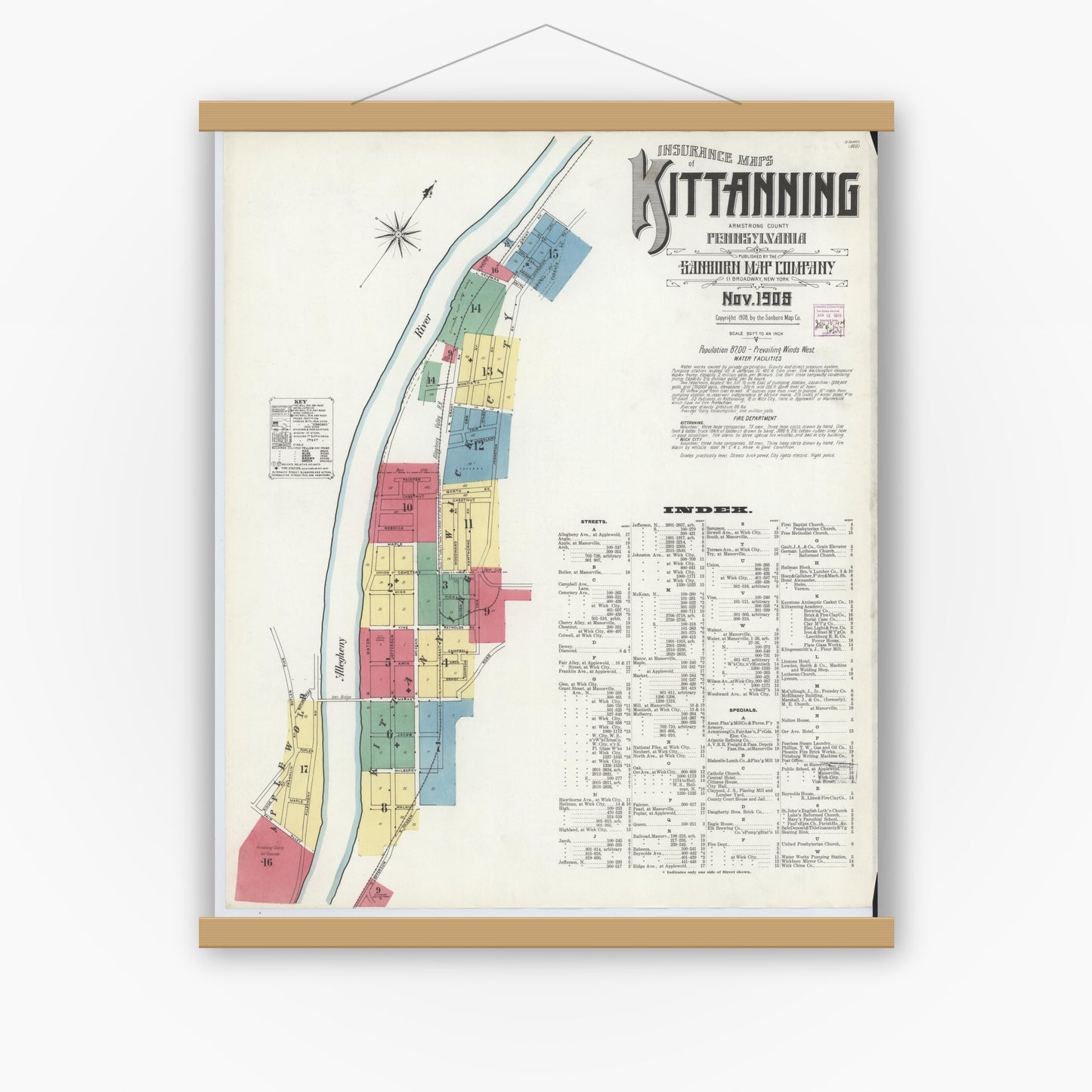 Old map wall art mockup — magnetic wood frame on white wall — Sanborn Fire Insurance Map from Kittanning, Armstrong County, Pennsylvania (1909) - Complete Map Set
