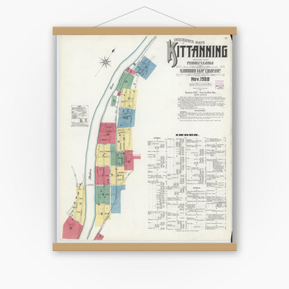 Old map wall art mockup — magnetic wood frame on white wall — Sanborn Fire Insurance Map from Kittanning, Armstrong County, Pennsylvania (1909) - Complete Map Set