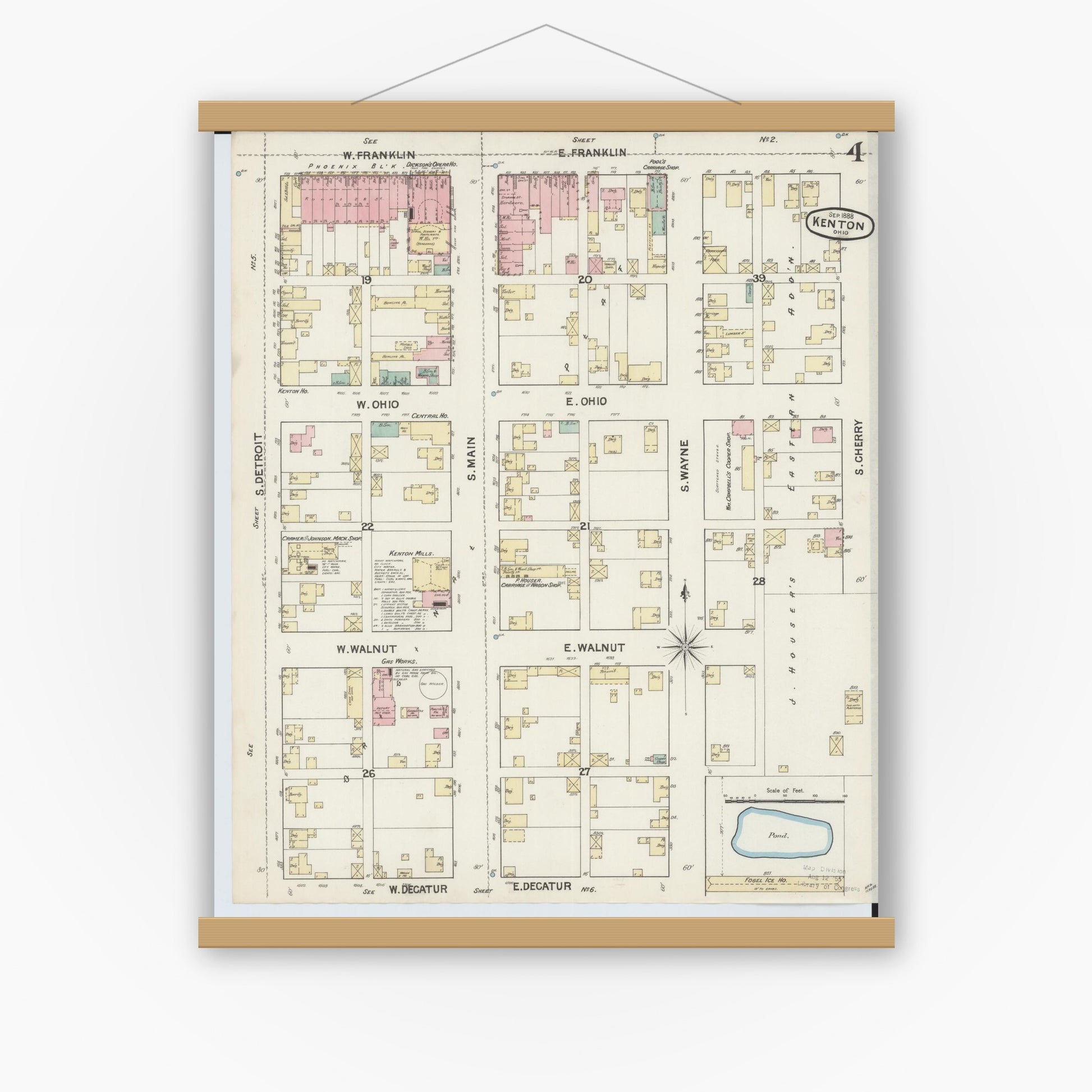 Old map wall art mockup — magnetic wood frame on white wall — Sanborn Fire Insurance Map from Kenton, Hardin County, Ohio (1888), Sheet #0004