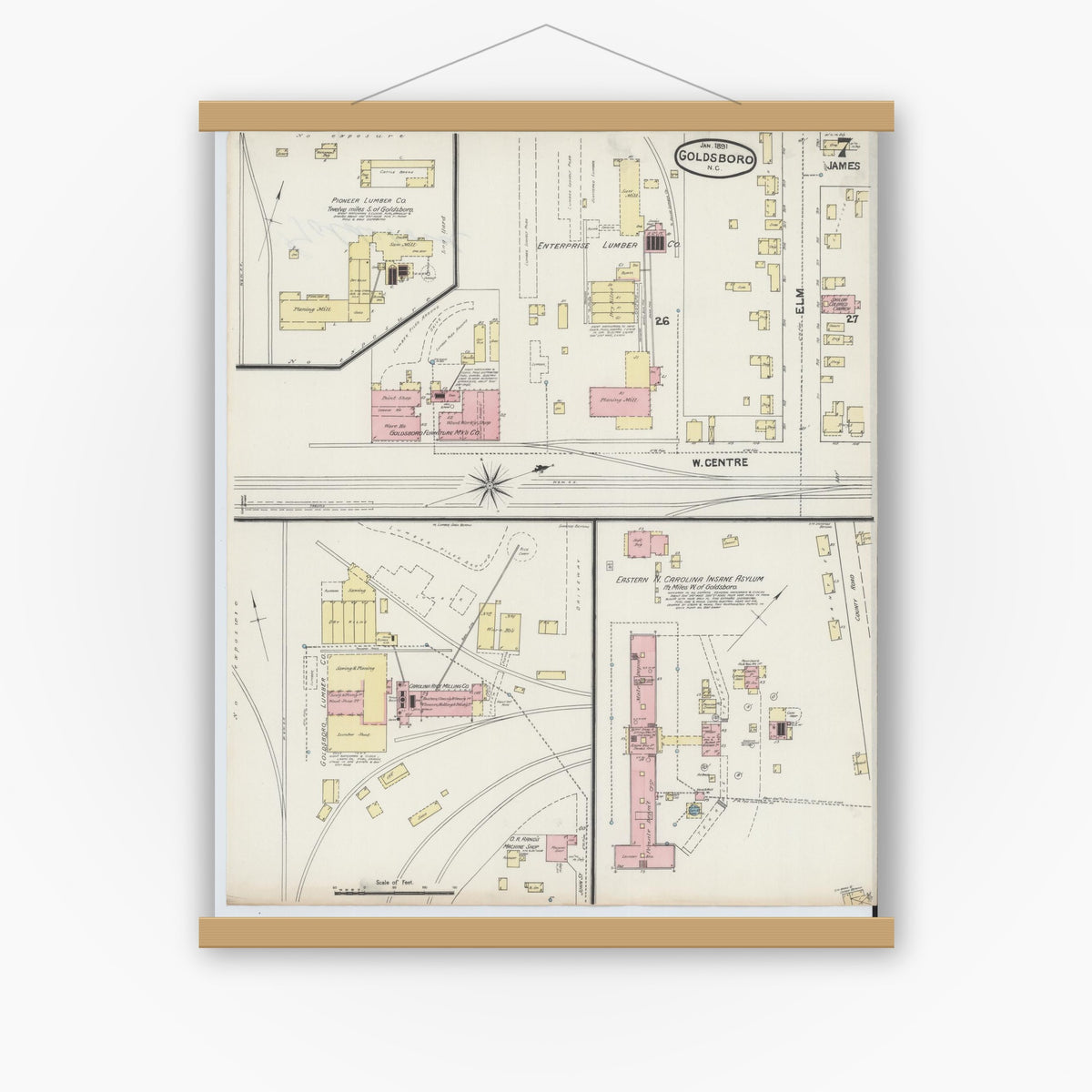Old map wall art mockup — magnetic wood frame on white wall — Sanborn Fire Insurance Map from Goldsboro, Wayne County, North Carolina (1891), Sheet #0007