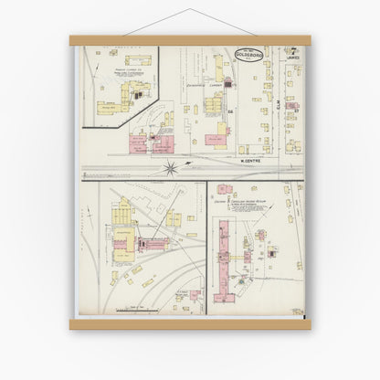Old map wall art mockup — magnetic wood frame on white wall — Sanborn Fire Insurance Map from Goldsboro, Wayne County, North Carolina (1891), Sheet #0007