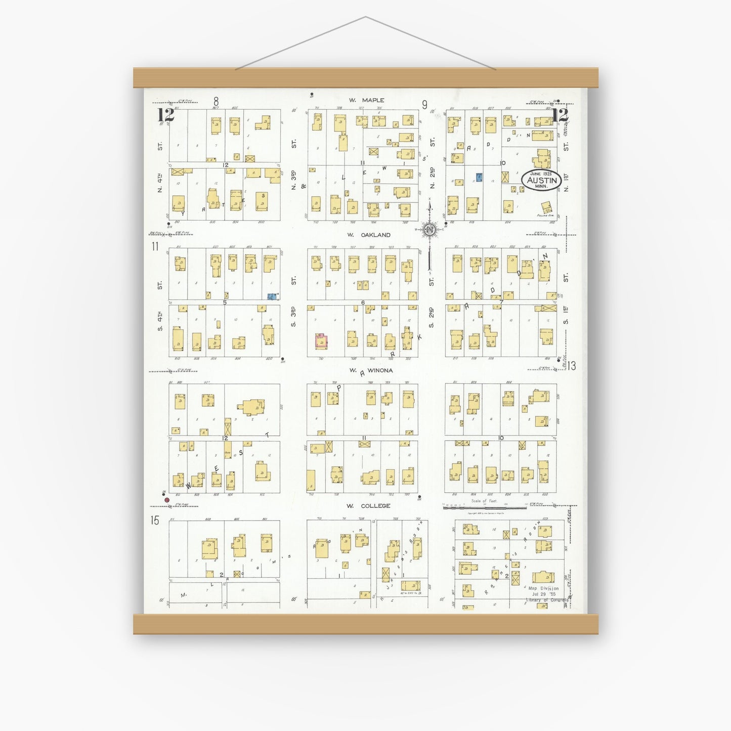 Old map wall art mockup — magnetic wood frame on white wall — Sanborn Fire Insurance Map from Austin, Mower County, Minnesota (1926), Sheet #0012