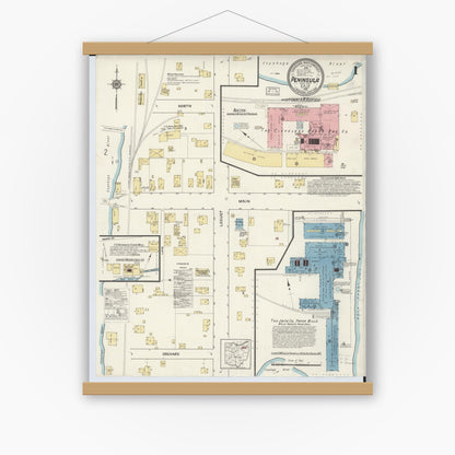 Old map wall art mockup — magnetic wood frame on white wall — Sanborn Fire Insurance Map from Peninsula, Summit County, Ohio (1916) - Complete Map Set