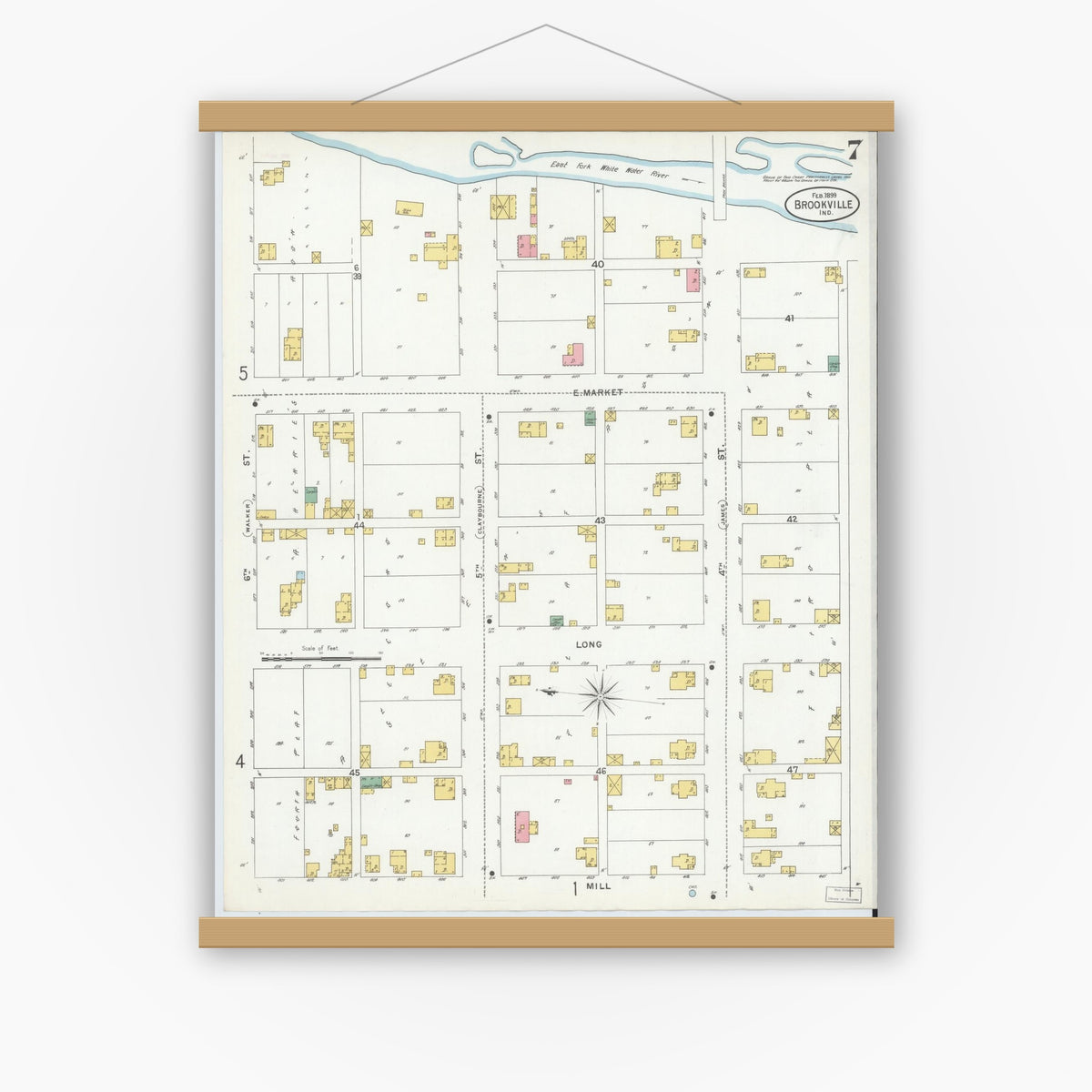 Old map wall art mockup — magnetic wood frame on white wall — Sanborn Fire Insurance Map from Brookville, Franklin County, Indiana (1899), Sheet #0007
