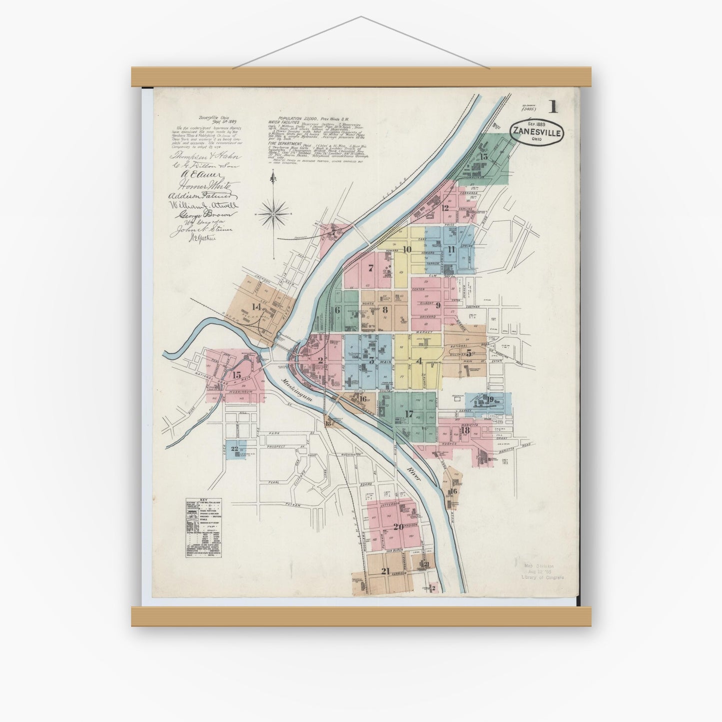 Old map wall art mockup — magnetic wood frame on white wall — Sanborn Fire Insurance Map from Zanesville, Muskingum County, Ohio (1889) - Complete Map Set
