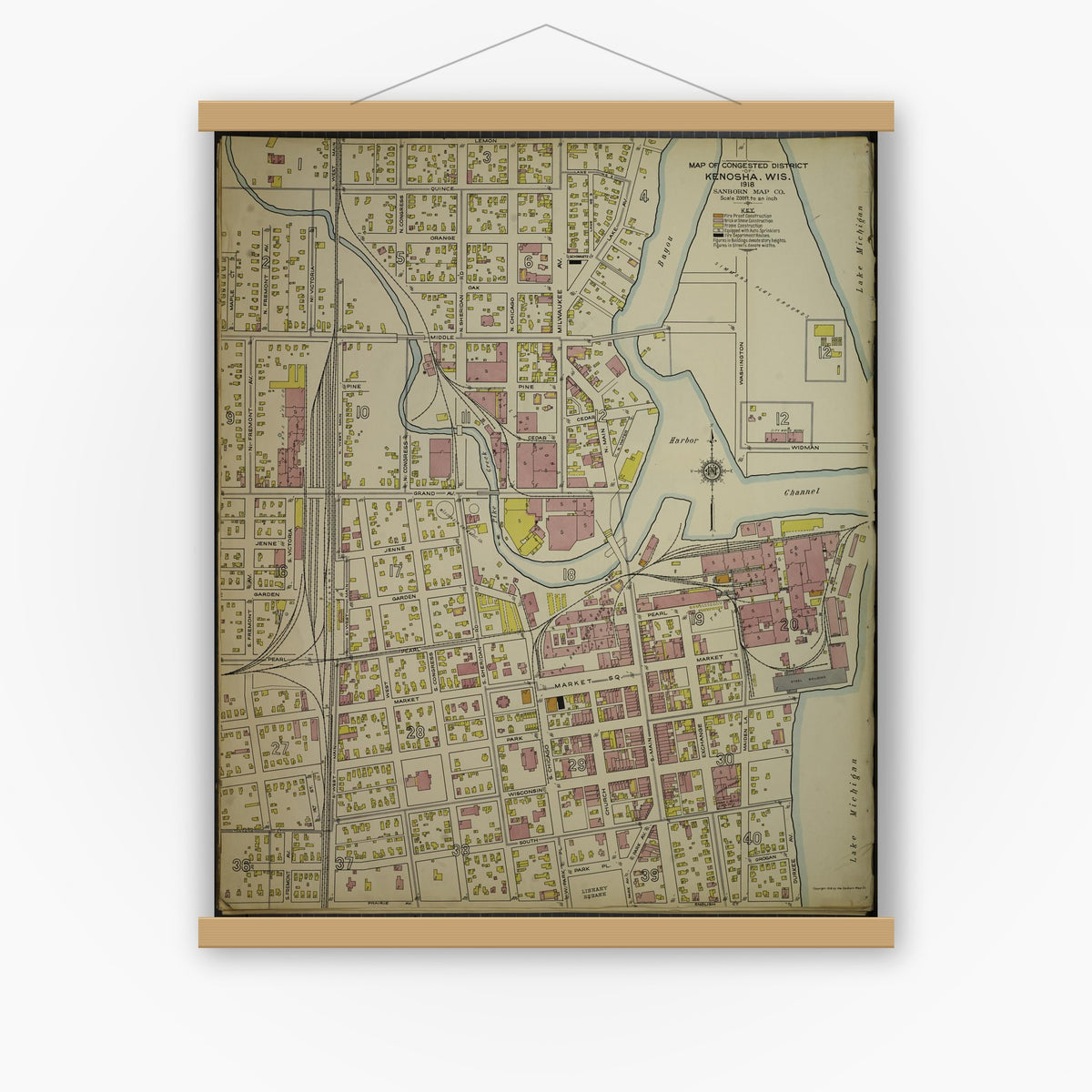 Old map wall art mockup — magnetic wood frame on white wall — Sanborn Fire Insurance Map from Kenosha, Kenosha County, Wisconsin. (1918), Sheet 3