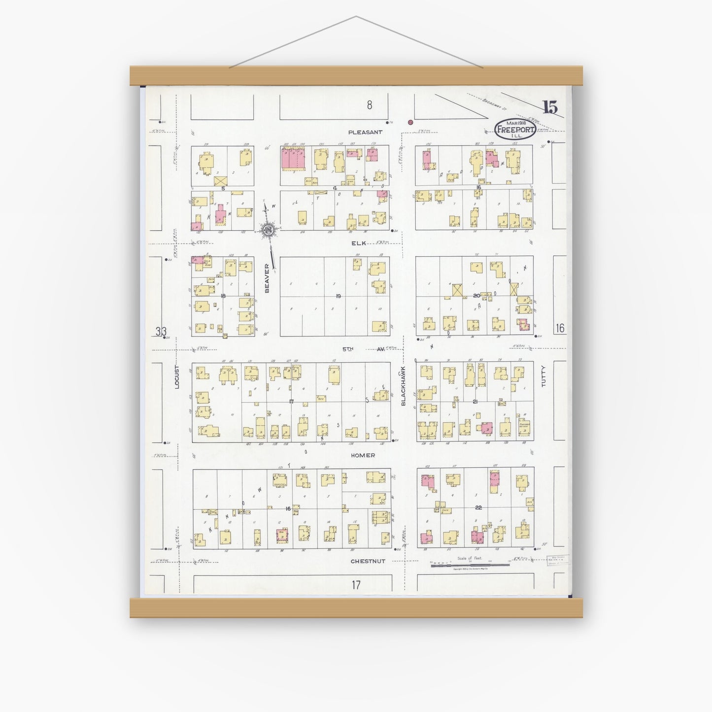 Old map wall art mockup — magnetic wood frame on white wall — Sanborn Fire Insurance Map from Freeport, Stephenson County, Illinois (1918), Sheet #0015