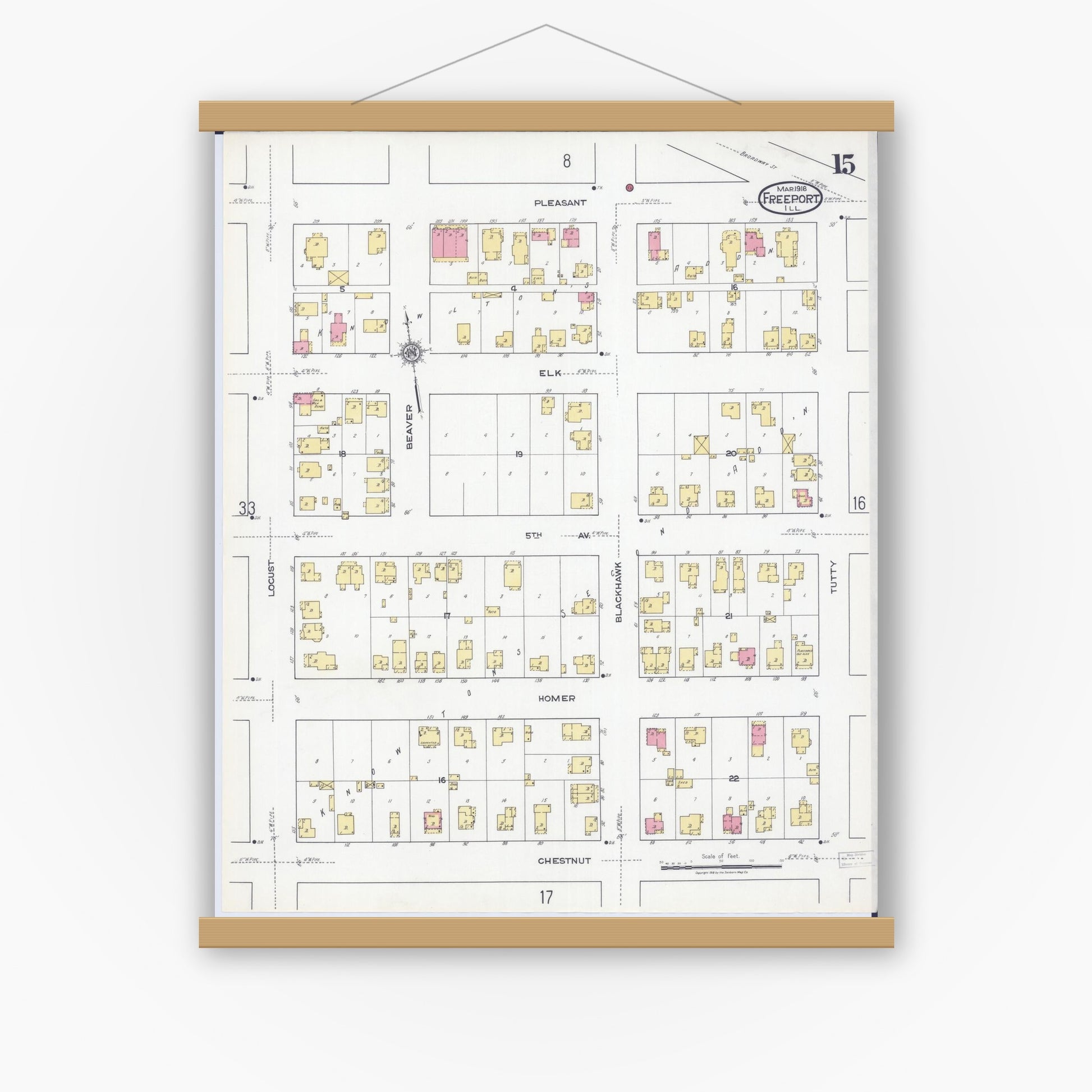 Old map wall art mockup — magnetic wood frame on white wall — Sanborn Fire Insurance Map from Freeport, Stephenson County, Illinois (1918), Sheet #0015