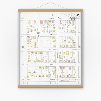 Old map wall art mockup — magnetic wood frame on white wall — Sanborn Fire Insurance Map from Freeport, Stephenson County, Illinois (1918), Sheet #0015