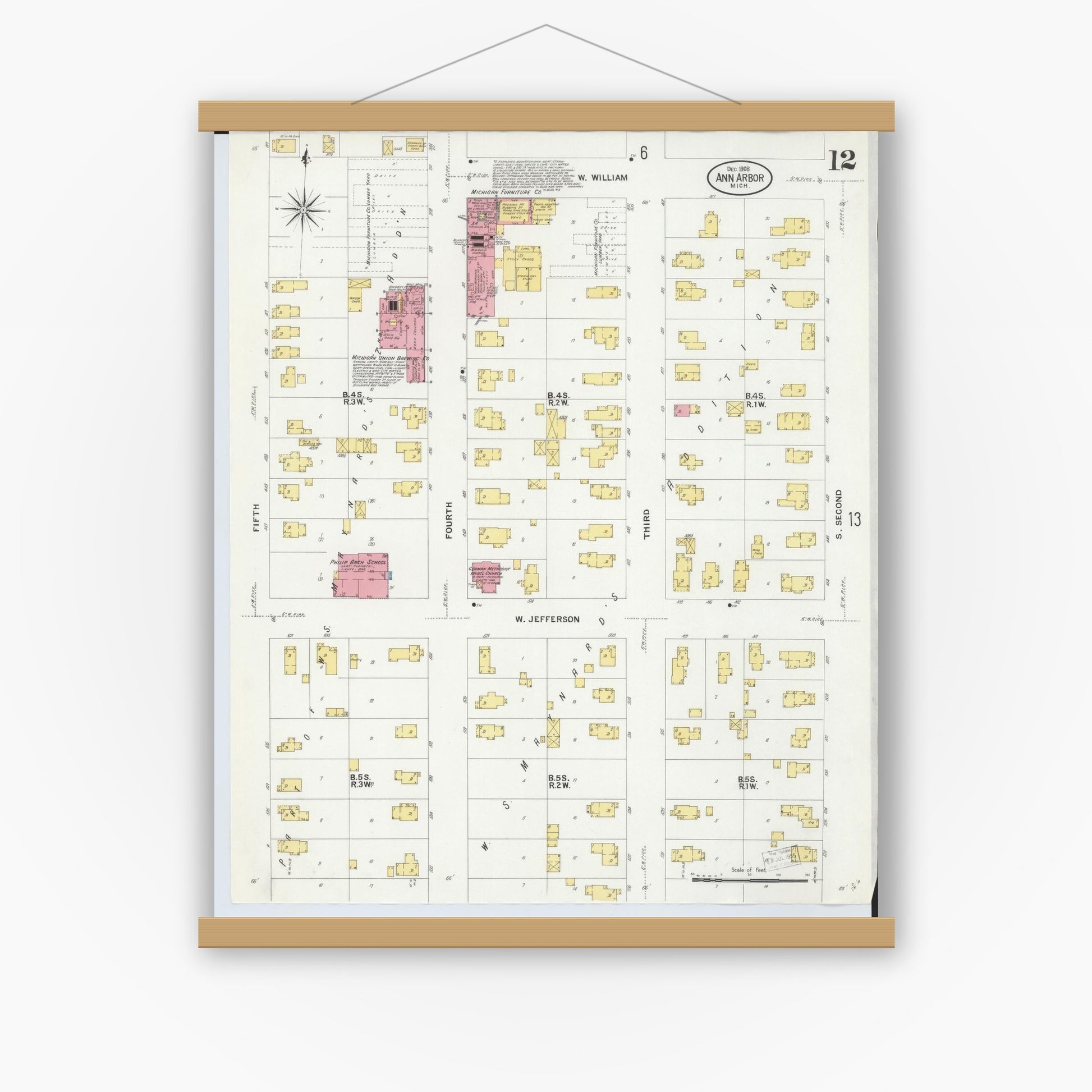 Old map wall art mockup — magnetic wood frame on white wall — Sanborn Fire Insurance Map from Ann Arbor, Washtenaw County, Michigan (1908), Sheet #0012