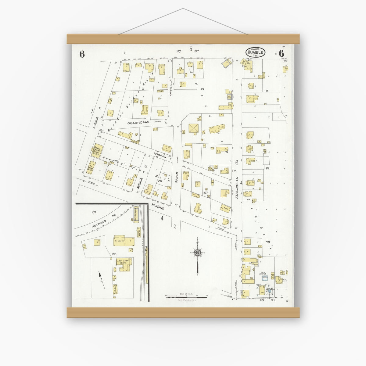 Old map wall art mockup — magnetic wood frame on white wall — Sanborn Fire Insurance Map from Humble, Harris County, Texas (1926), Sheet #0006
