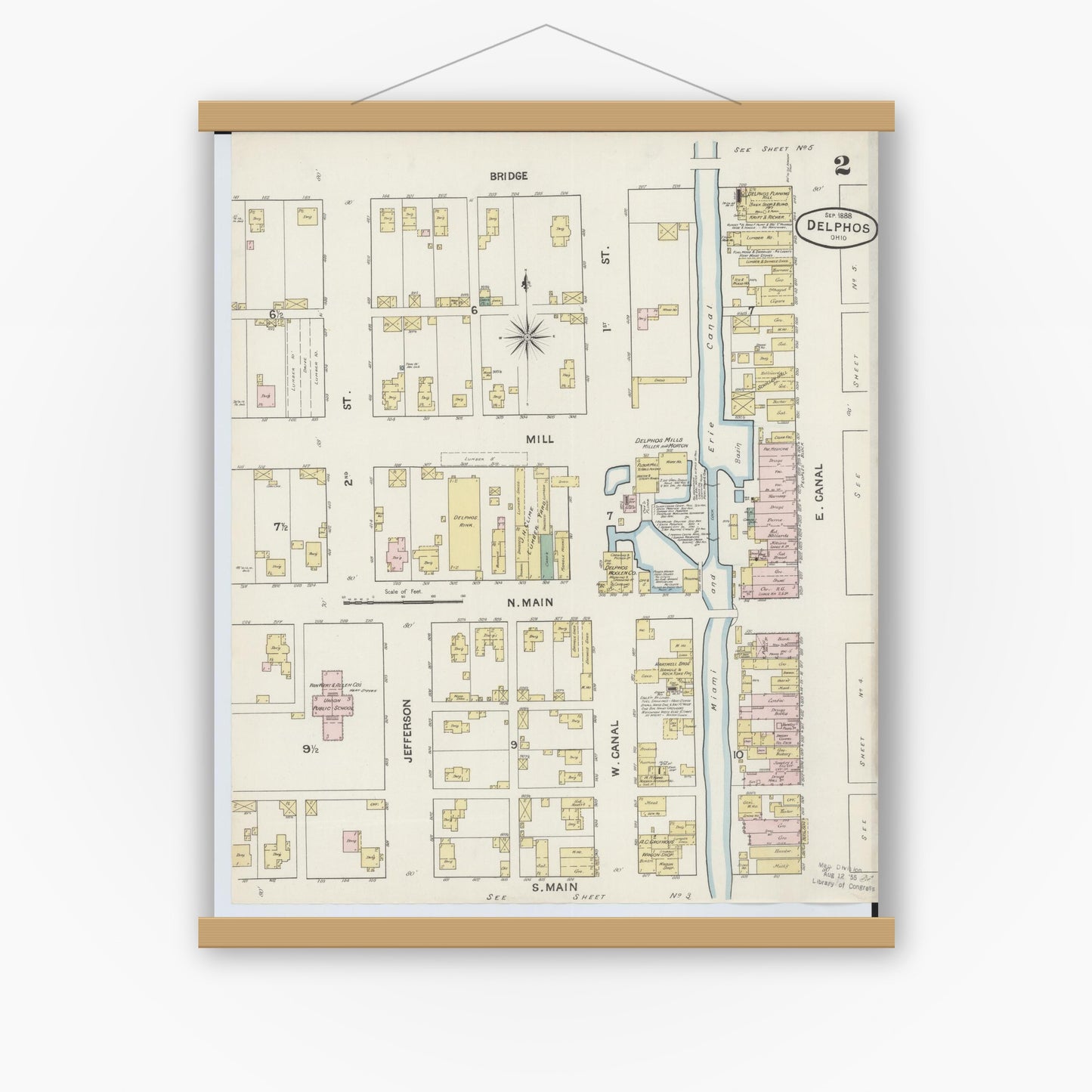 Old map wall art mockup — magnetic wood frame on white wall — Sanborn Fire Insurance Map from Delphos, Van Wert And Allen Counties, Ohio (1888), Sheet #0002