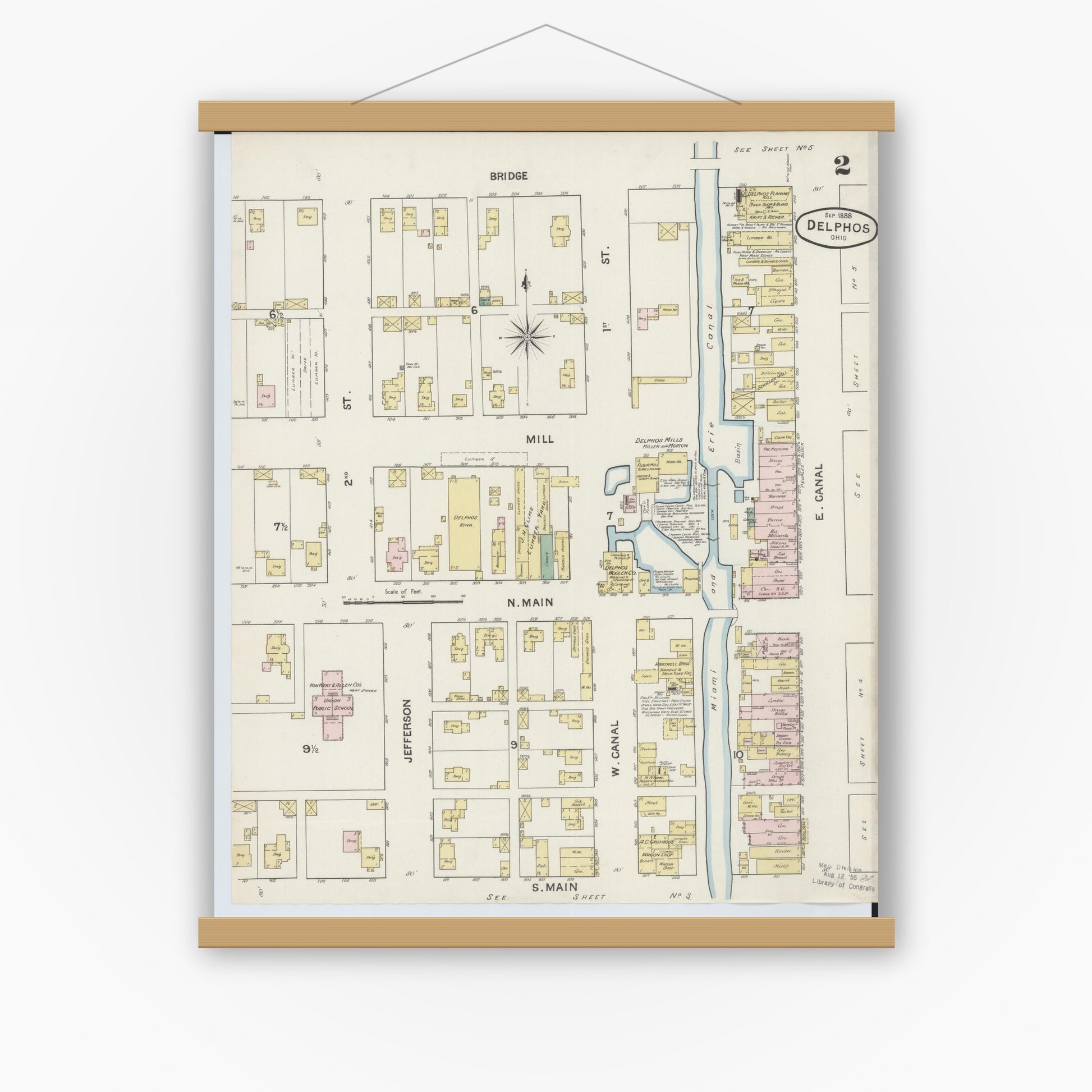Old map wall art mockup — magnetic wood frame on white wall — Sanborn Fire Insurance Map from Delphos, Van Wert And Allen Counties, Ohio (1888), Sheet #0002