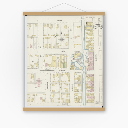 Old map wall art mockup — magnetic wood frame on white wall — Sanborn Fire Insurance Map from Delphos, Van Wert And Allen Counties, Ohio (1888), Sheet #0002