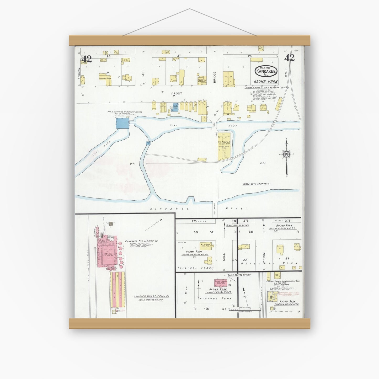 Old map wall art mockup — magnetic wood frame on white wall — Sanborn Fire Insurance Map from Kankakee, Kankakee County, Illinois (1930), Sheet #0042