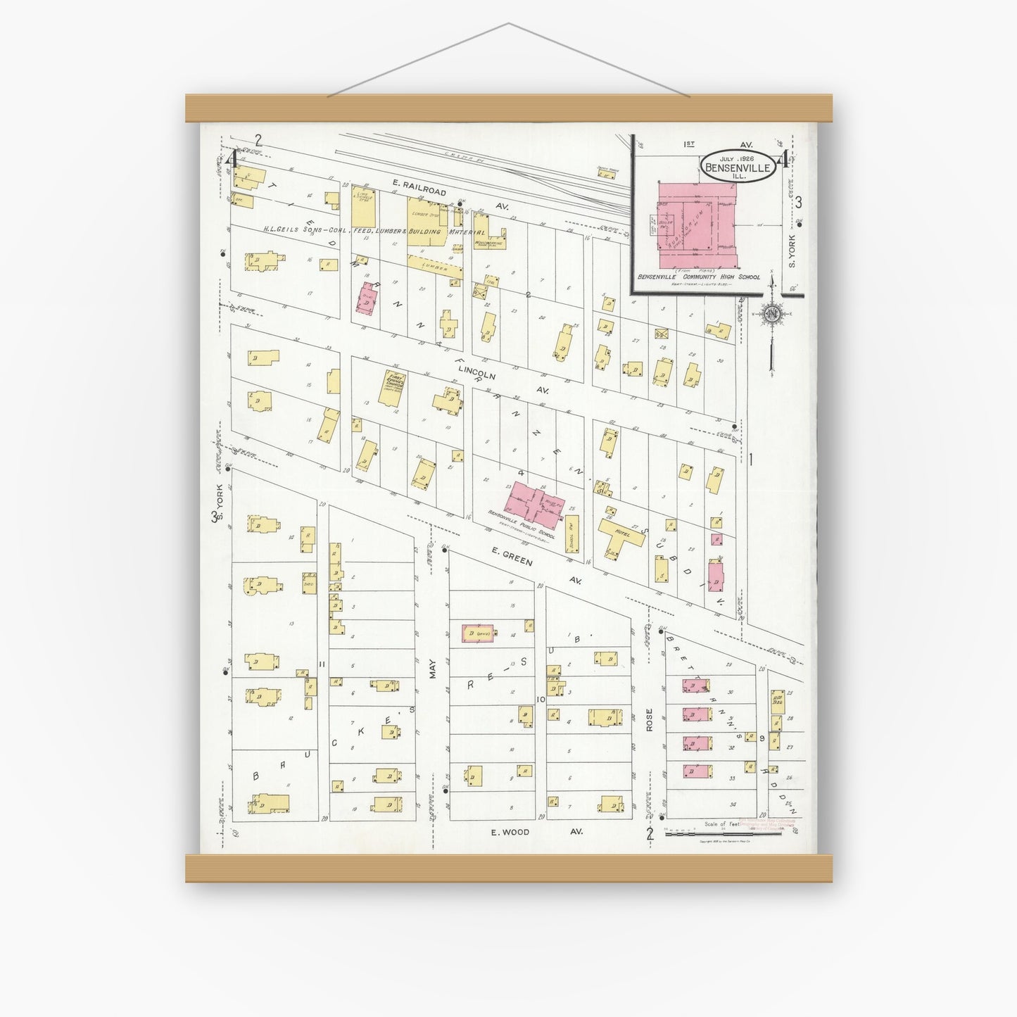 Old map wall art mockup — magnetic wood frame on white wall — Sanborn Fire Insurance Map from Bensenville, Dupage County, Illinois (1926), Sheet #0004