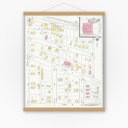 Old map wall art mockup — magnetic wood frame on white wall — Sanborn Fire Insurance Map from Bensenville, Dupage County, Illinois (1926), Sheet #0004