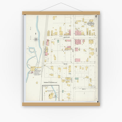 Old map wall art mockup — magnetic wood frame on white wall — Sanborn Fire Insurance Map from Rockford, Kent County, Michigan (1899), Sheet #0002