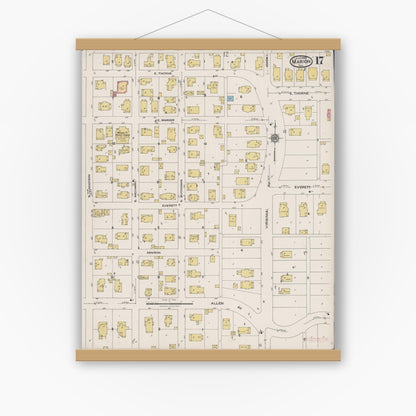 Old map wall art mockup — magnetic wood frame on white wall — Sanborn Fire Insurance Map from Marion, Williamson County, Illinois (1922), Sheet #0017
