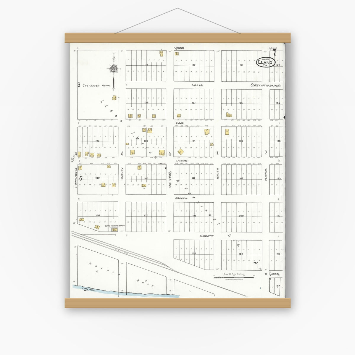 Old map wall art mockup — magnetic wood frame on white wall — Sanborn Fire Insurance Map from Llano, Llano County, Texas (1921), Sheet #0007