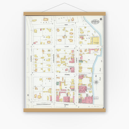 Old map wall art mockup — magnetic wood frame on white wall — Sanborn Fire Insurance Map from Watertown, Jefferson County, Wisconsin (1901), Sheet #0006