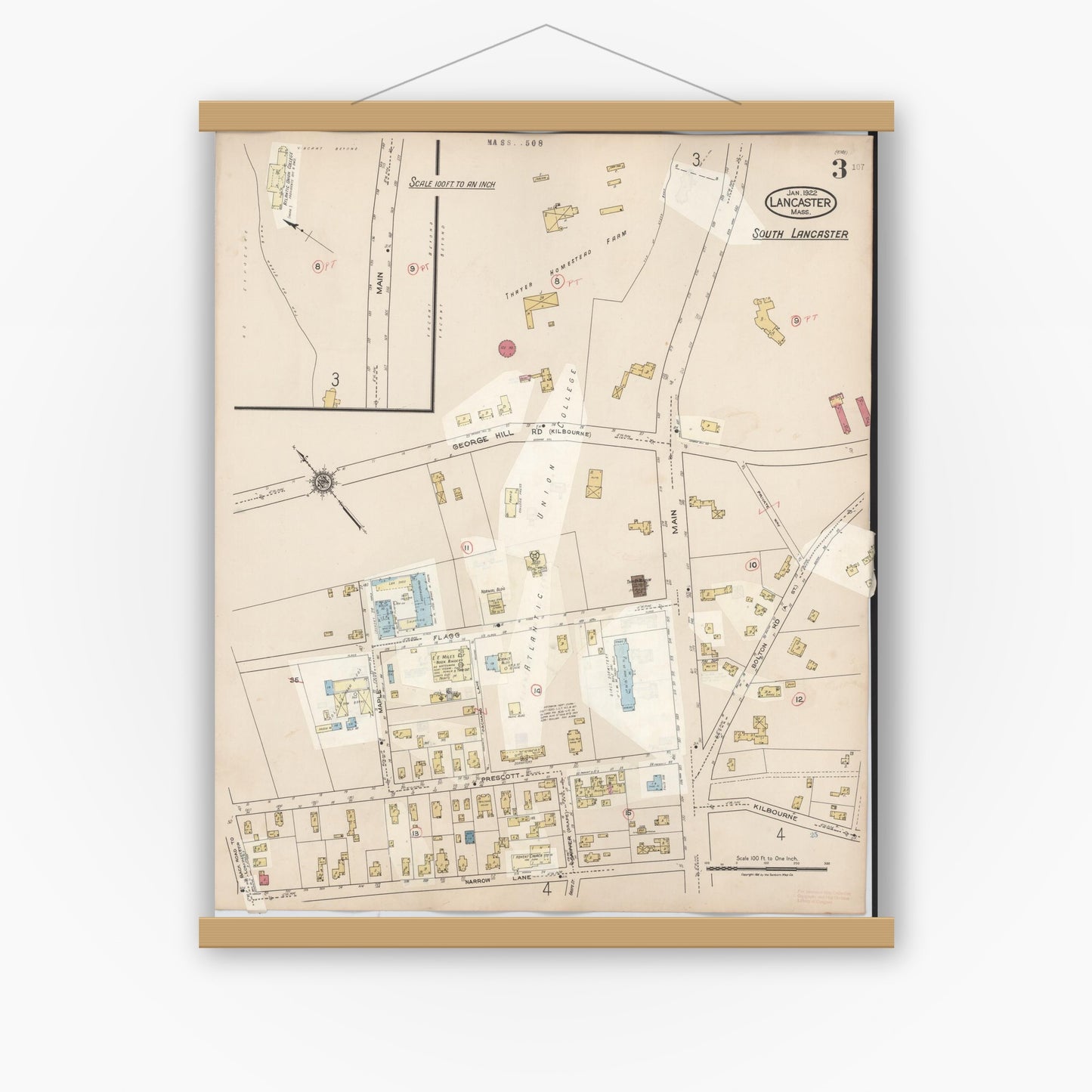 Old map wall art mockup — magnetic wood frame on white wall — Sanborn Fire Insurance Map from Lancaster, Worcester County, Massachusetts (1945), Sheet #0003