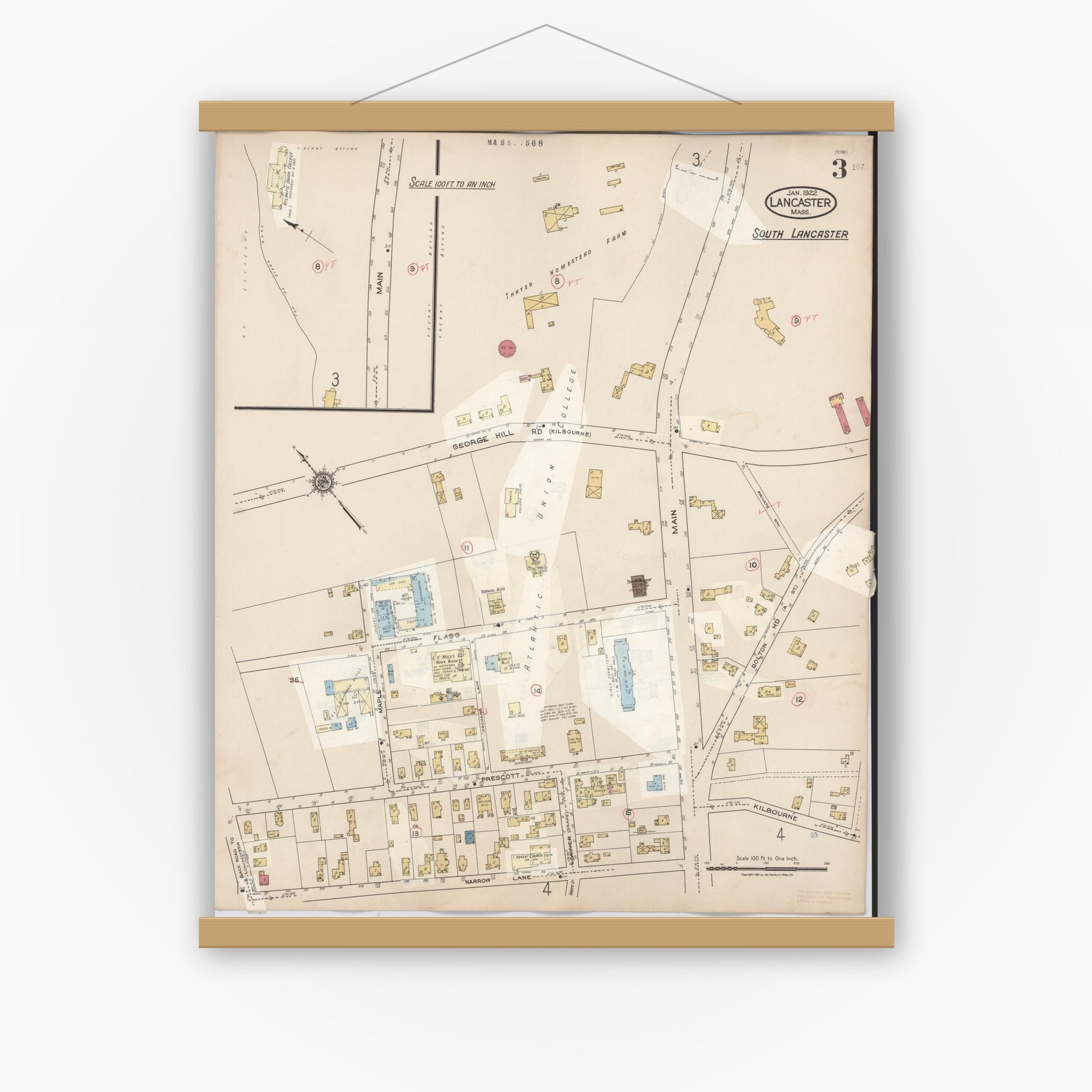 Old map wall art mockup — magnetic wood frame on white wall — Sanborn Fire Insurance Map from Lancaster, Worcester County, Massachusetts (1945), Sheet #0003