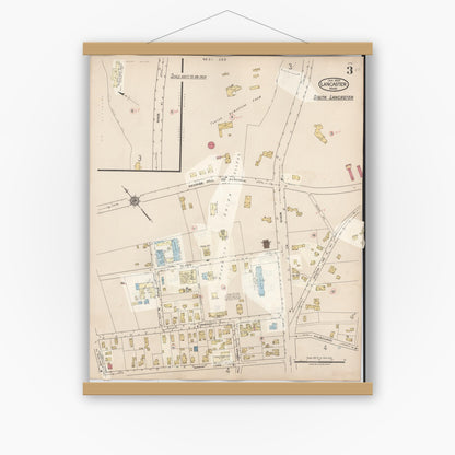 Old map wall art mockup — magnetic wood frame on white wall — Sanborn Fire Insurance Map from Lancaster, Worcester County, Massachusetts (1945), Sheet #0003