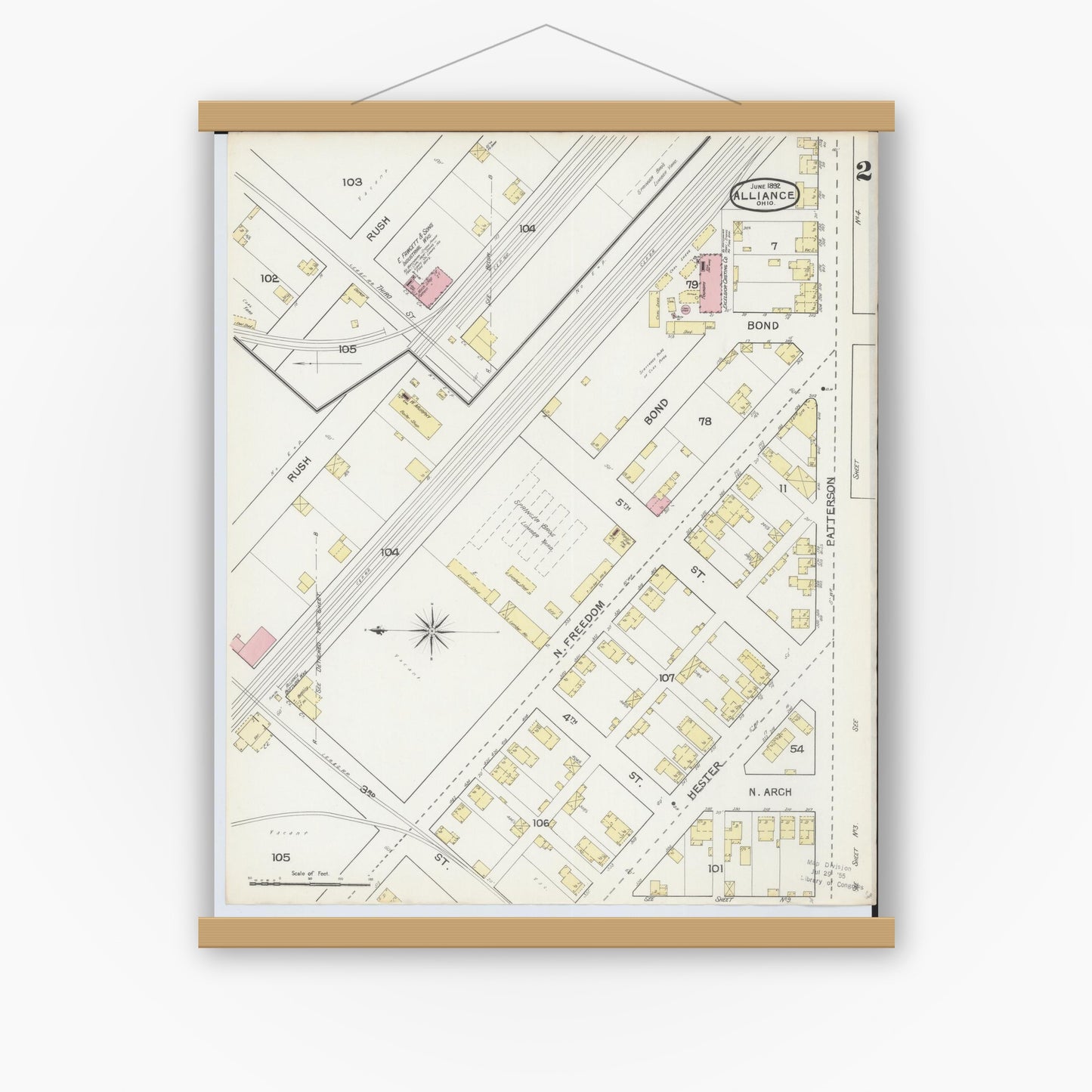 Old map wall art mockup — magnetic wood frame on white wall — Sanborn Fire Insurance Map from Alliance, Stark County, Ohio (1892), Sheet #0002