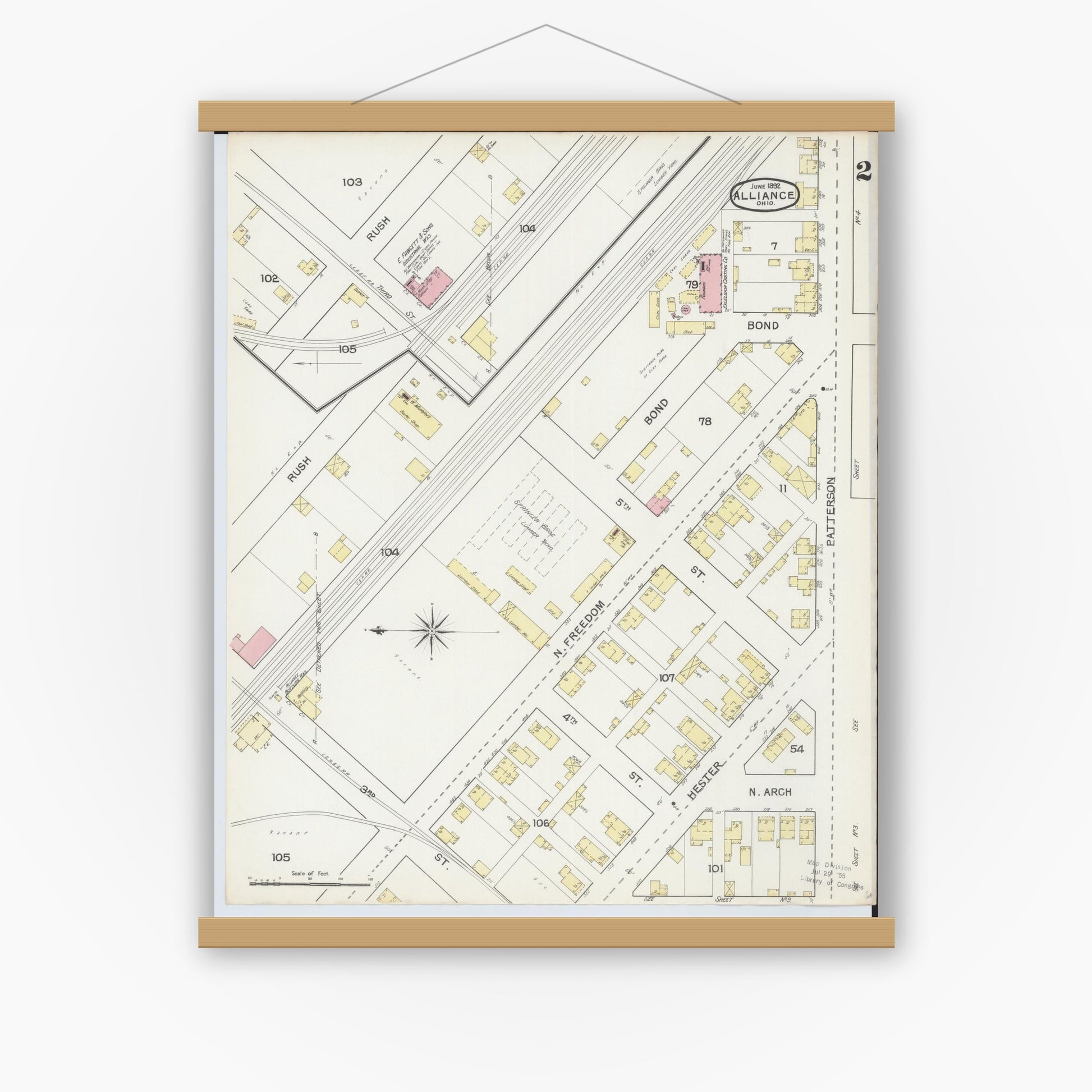 Old map wall art mockup — magnetic wood frame on white wall — Sanborn Fire Insurance Map from Alliance, Stark County, Ohio (1892), Sheet #0002