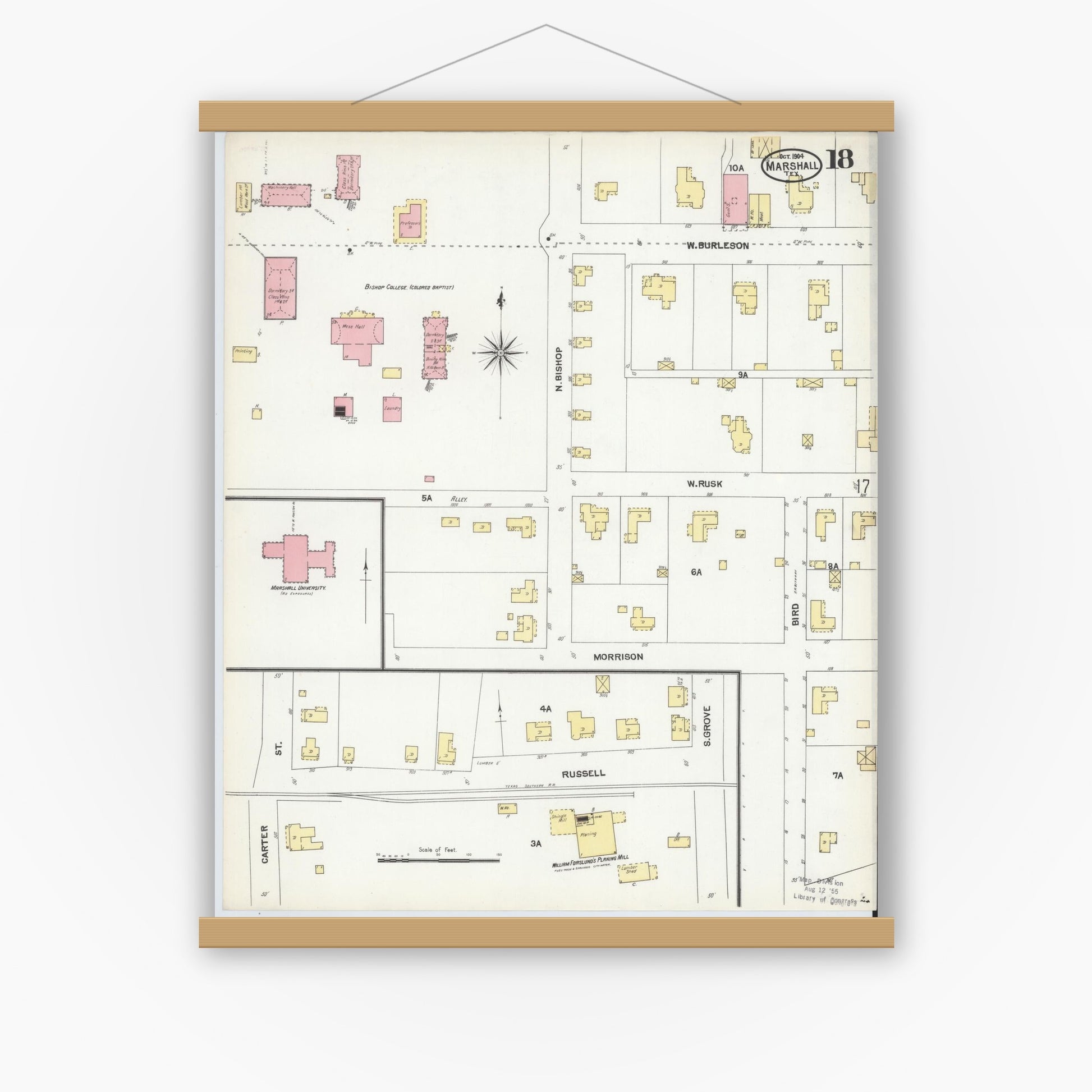 Old map wall art mockup — magnetic wood frame on white wall — Sanborn Fire Insurance Map from Marshall, Harrison County, Texas (1904), Sheet #0018