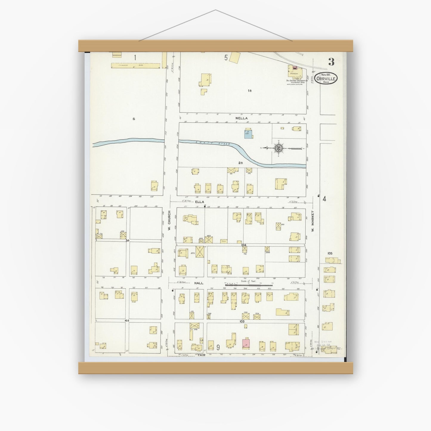 Old map wall art mockup — magnetic wood frame on white wall — Sanborn Fire Insurance Map from Orrville, Wayne County, Ohio (1911), Sheet #0003