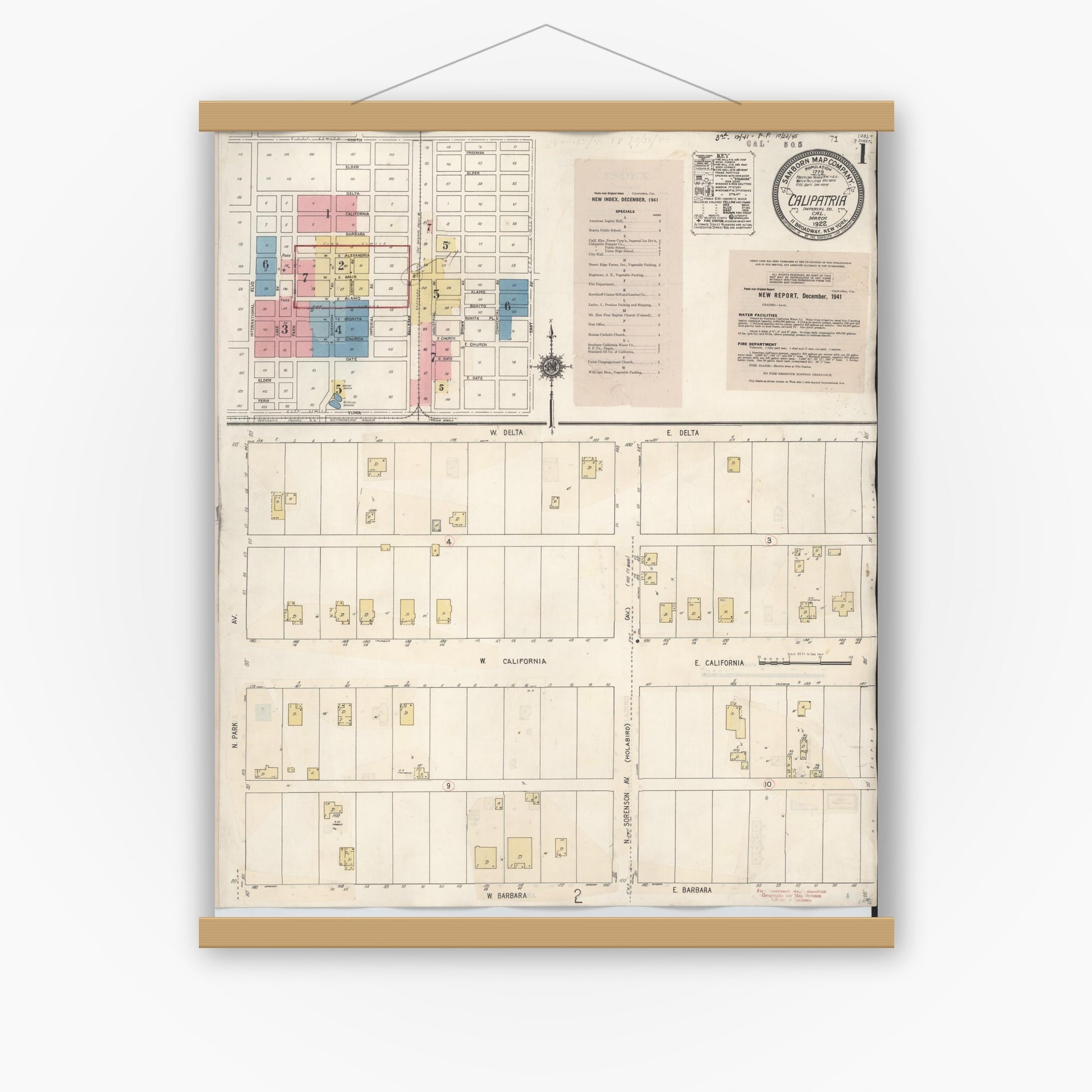 Old map wall art mockup — magnetic wood frame on white wall — Sanborn Fire Insurance Map from Calipatria, Imperial County, California (1941) - Complete Map Set
