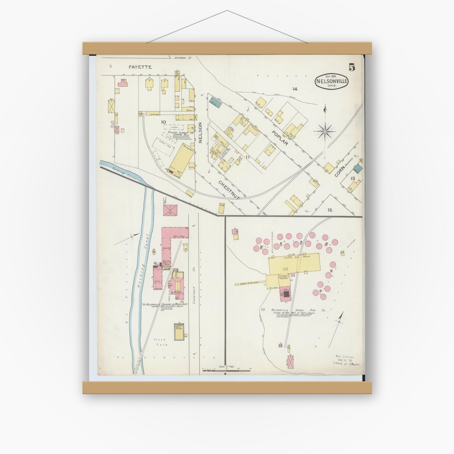 Old map wall art mockup — magnetic wood frame on white wall — Sanborn Fire Insurance Map from Nelsonville, Athens County, Ohio (1893), Sheet #0005