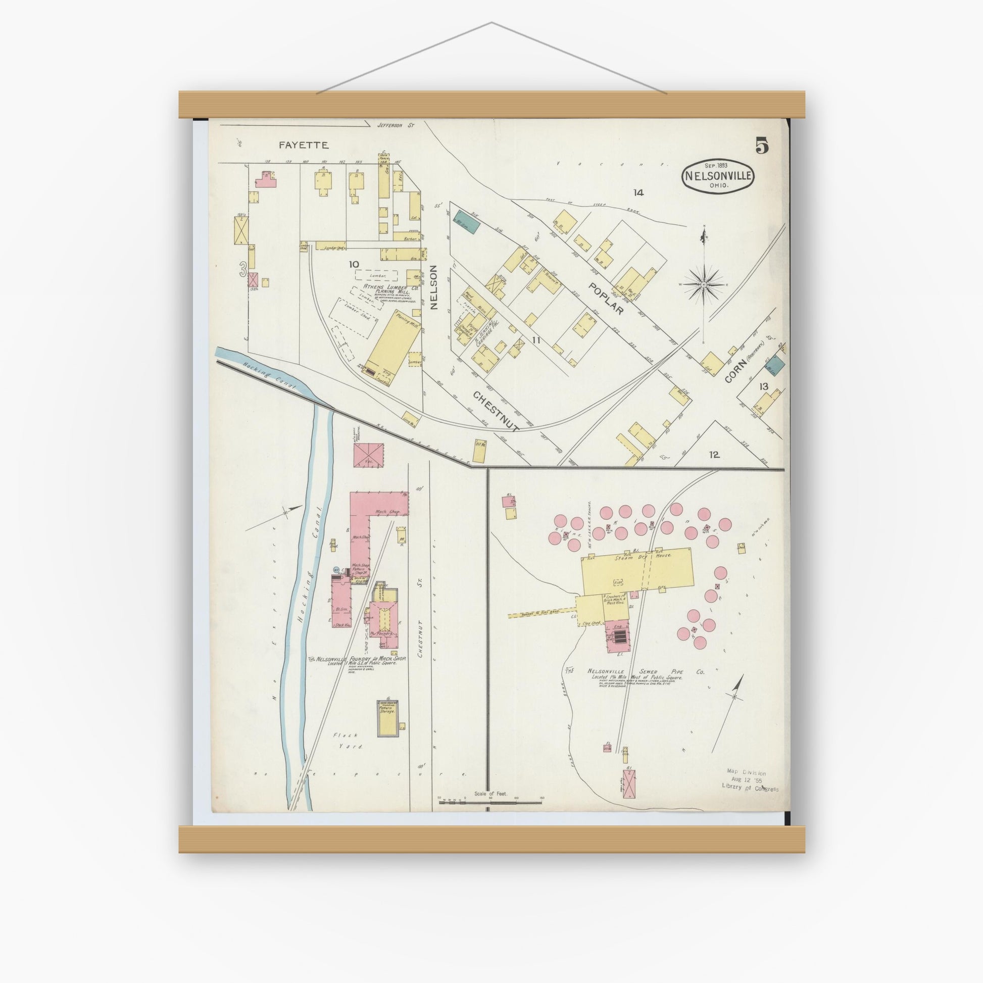 Old map wall art mockup — magnetic wood frame on white wall — Sanborn Fire Insurance Map from Nelsonville, Athens County, Ohio (1893), Sheet #0005