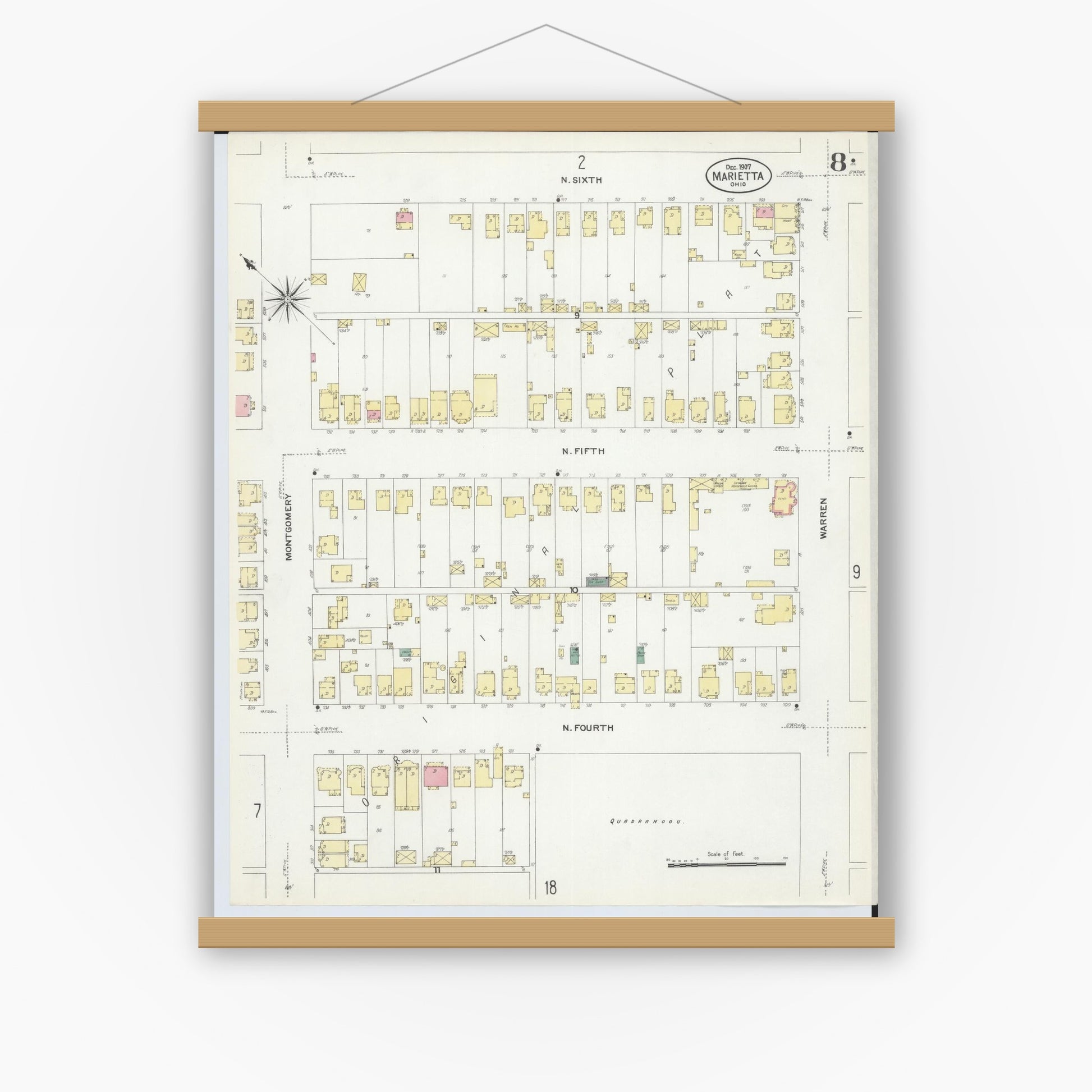 Old map wall art mockup — magnetic wood frame on white wall — Sanborn Fire Insurance Map from Marietta, Washington County, Ohio (1907), Sheet #0008