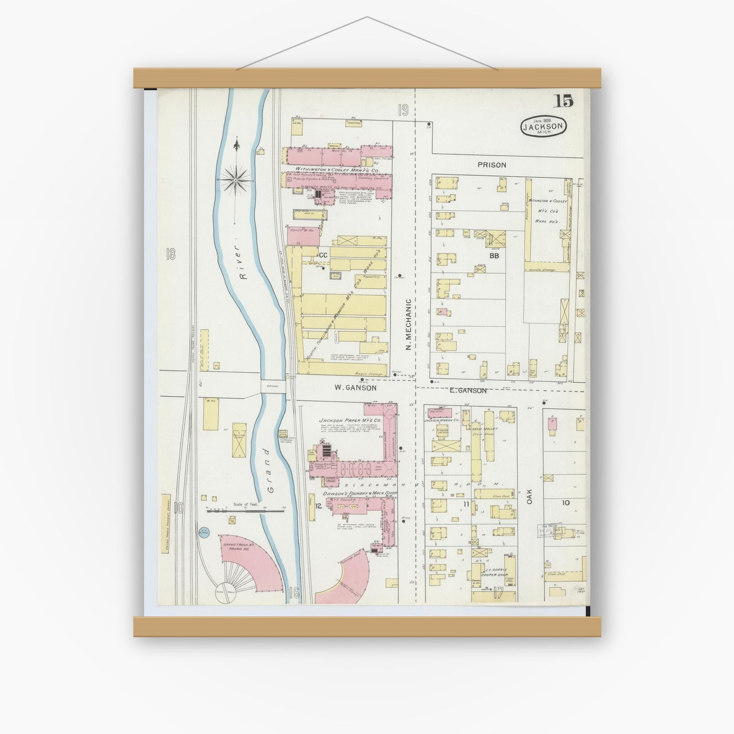 Old map wall art mockup — magnetic wood frame on white wall — Sanborn Fire Insurance Map from Jackson, Jackson County, Michigan (1893), Sheet #0015