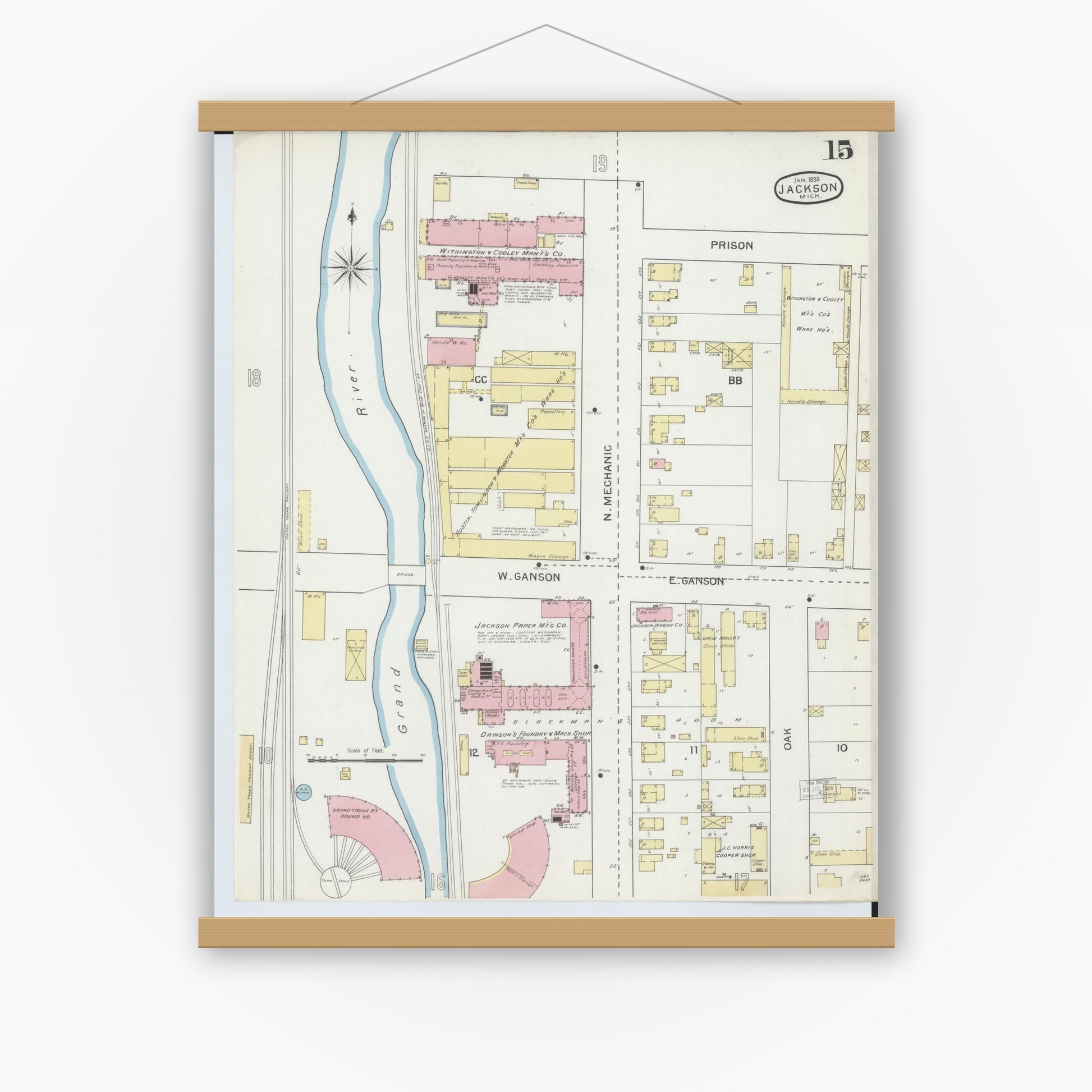 Old map wall art mockup — magnetic wood frame on white wall — Sanborn Fire Insurance Map from Jackson, Jackson County, Michigan (1893), Sheet #0015